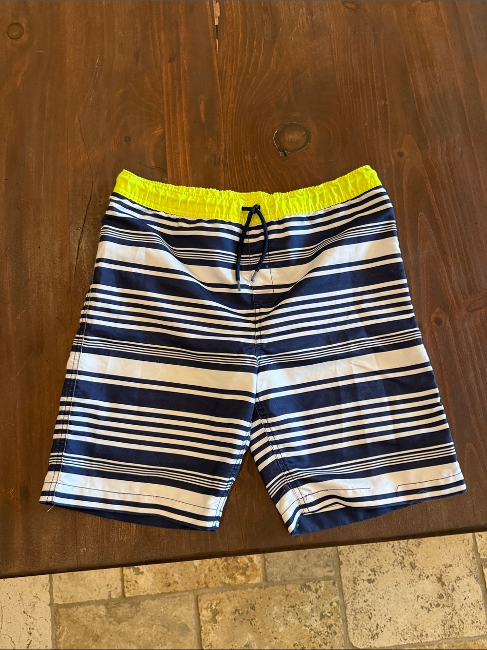 Lands' End Navy and White Striped Swim Trunks with Neon Yellow Waistband
